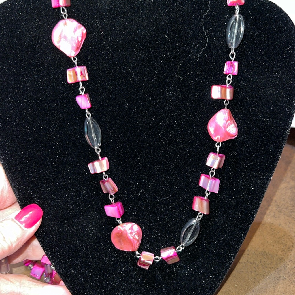 Ladies Pink And Clear Jeweled Necklace